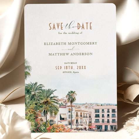 Announce your destination wedding in style with this beautifully designed "Save the Date" card, featuring a charming watercolor illustration of Sitges, Spain. This card perfectly captures the essence of a romantic Mediterranean setting, with vibrant palm trees and quaint Spanish architecture. The soft color palette and elegant typography make this card ideal for couples planning a destination wedding or seeking a timeless, sophisticated design. Your guests will be enchanted by this preview of your wedding day in the picturesque coastal town of Sitges. Puerto Rico Wedding Invitations, Cabo Save The Date, Cabo Wedding Invitations, Mexico Wedding Invitations, Save The Date Destination Wedding, Save The Date Destination, Spain Destination Wedding, Sitges Spain, Destination Wedding Save The Date