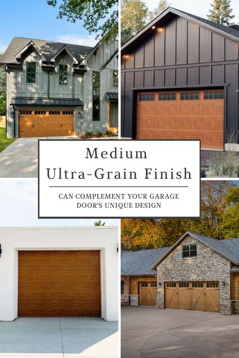 As dark exteriors and high contrast exterior color schemes become more popular, don't forget about the garage door. Medium Ultra-Grain finish can complement your garage door's unique design. This mid range finish offers warm, yellow based undertones that complement cedar accents sure to make your house stands out on the block! Read more about what Ultra-Grain may be right for you. #ClopayDoor #UltraGrain #FauxWood Brown Garage Door Painted, Gray House Black Garage Door, Wood Grain Garage Doors, Dark Garage Doors, Cedar Garage Doors, Dark Exterior House Colors, Green Vinyl Siding, Dark Exterior House, Brown Garage Door