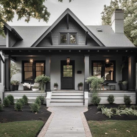 One Peak House Exterior, Grey And Black Farmhouse Exterior, Dark Siding Black Windows, Light Gray House With Black Windows, Dark Grey Homes, Charcoal Farmhouse Exterior, Light Gray House With Black Trim, Grey Exterior Paint Colors For House, Gray Roof House Colors