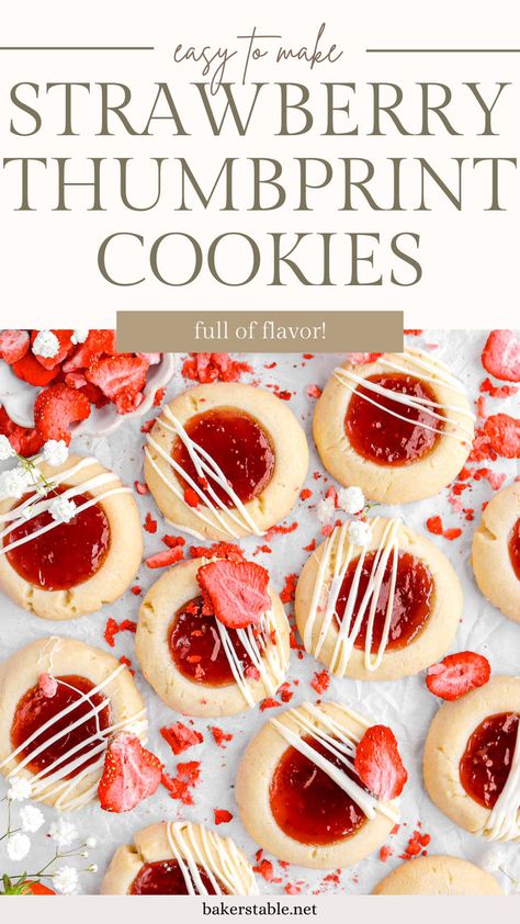 These are the perfect Strawberry Thumbprint Cookies! Tender and buttery shortbread cookies made with only FOUR ingredients, flour, powdered sugar, vanilla, and butter, then filled with strawberry jam. They are a simple treat that’s a real crowd-pleaser! Shortbread Jam Cookies, Strawberry Thumbprint Cookies, Butter Shortbread Cookies, Jam Thumbprint Cookies, Shortbread Cookies Christmas, Bakers Table, Thumbprint Cookies Recipe, Buttery Shortbread Cookies, Jam Cookies