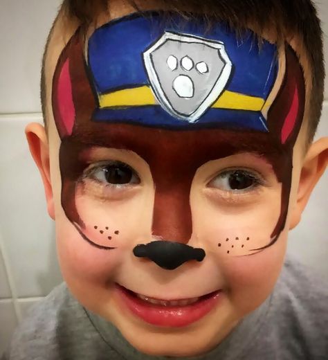 Paw patrol face painting Face Painting Themes, Paw Patrol Face Paint, Dog Face Paints, Superhero Face Painting, Purim Party, Animal Face Paintings, Paw Patrol Rocky, Face Painting For Boys, Paw Painting