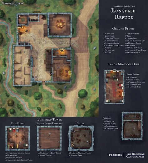 Longdale Refuge - Fortified Waystation - Free Bonus Map | The Reclusive Cartographer on Patreon Cartographers Guild, Village Map, Building Map, Hitching Post, Flooring For Stairs, Tabletop Rpg Maps, Free Maps, Dungeon Maps, D D Maps