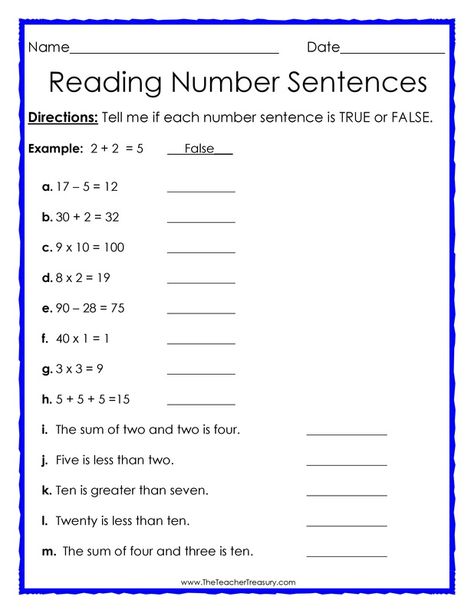 True or False Number Sentences #free #math #worksheet Homework Tips, Personal Word Wall, Grade 5 Math Worksheets, Money Math Worksheets, Types Of Sentences Worksheet, Beach Foto, Number Sentences, Mental Maths, 5th Grade Worksheets