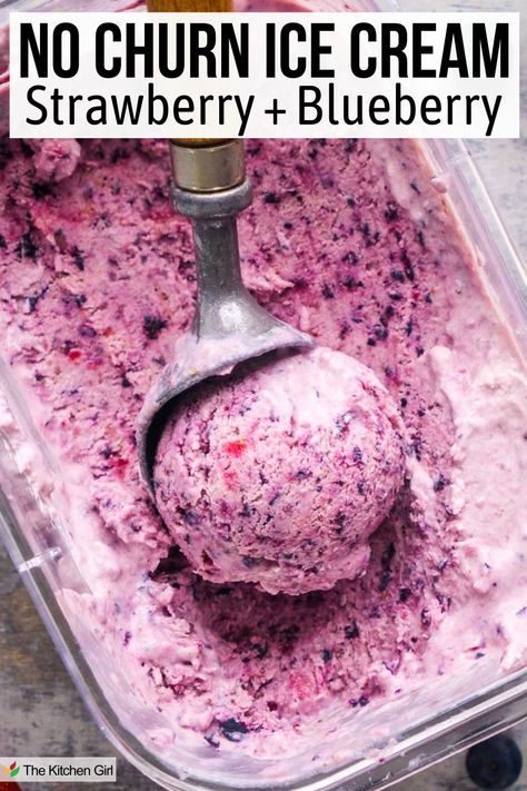 Ice cream scoop loaded with a scoop of berry ice cream in plastic container. Title: No Churn Ice Cream - Strawberry + Blueberry. Ice Cream With Strawberries, Berry Ice Cream, Ice Cream Strawberry, Vanilla Extract Recipe, Churn Ice Cream, Frozen Yogurt Recipes, Strawberries And Blueberries, Making Homemade Ice Cream, Ice Cream Mixture