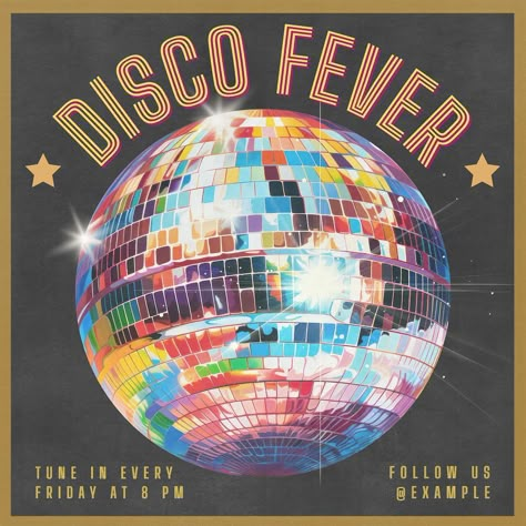 90s Event, 70s Disco Poster Design, Saturday Night Fever Aesthetic, Italo Disco Aesthetic, Disco Party Poster, Disco Vibes Aesthetic, Disco Flyer, Disco Vibes, Disco Logo