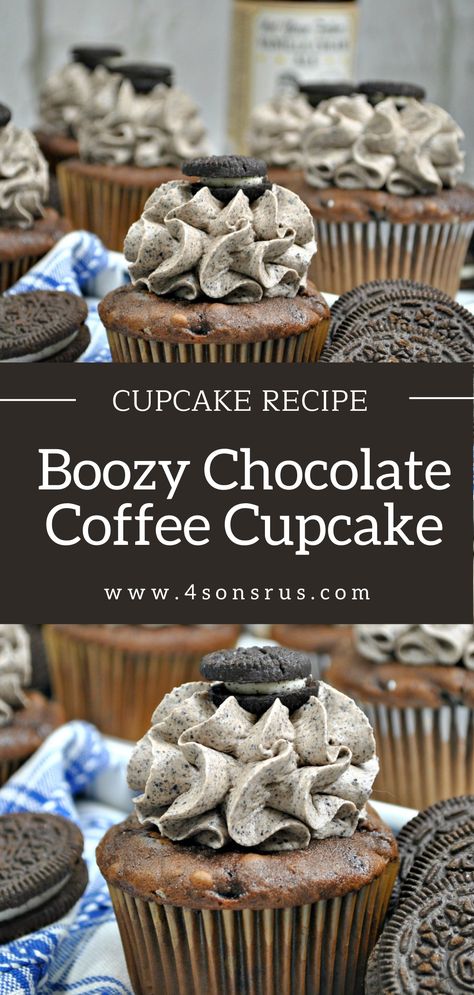 A good cupcake recipe is a must have. Kick the box mix to the curb, and make an adult version of the favorite dessert with these Boozy Chocolate Coffee Cupcakes with Oreo Cookie Buttercream. Chocolate, vanilla liqueur & coffee infused cupcakes are topped with an Oreo cookie and cream butter cream frosting. It’s the perfect adult flavored dessert. Unique Chocolate Cupcake Flavors, Cookies Cream Cupcakes, Boozy Chocolate Cupcakes, Cupcakes With Alcohol Bottles, Espresso Martini Cupcakes, Boozy Cupcakes With Pipettes, Coffee Cupcake Recipes, Whisky Cupcakes, Cookies And Cream Coffee