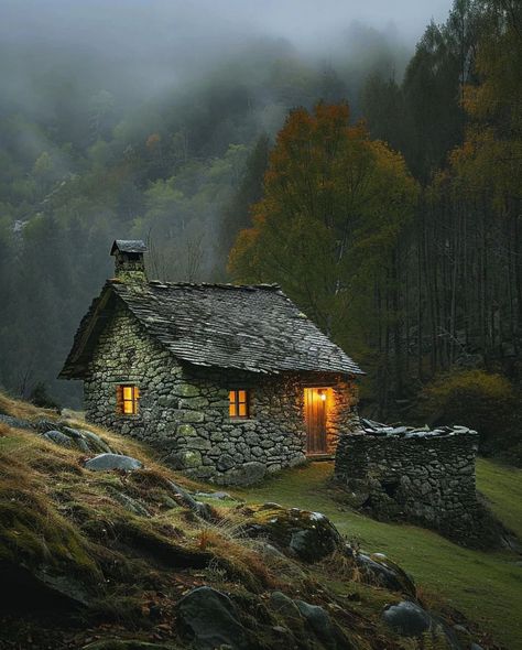 Forest Cottagecore, Fantasy Buildings, Witches Cottage, Stone Cabin, Cozy Cottages, Forest Cottage, Stone Exterior, Root Cellar, Stone Cottages