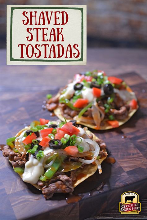 Steak Tostadas, Shaved Steak Recipe, Shaved Beef Recipe, Leftover Steak Recipes, Shaved Beef, Queso Sauce, Steak Peppers, Shaved Steak, Fajita Seasoning Recipe