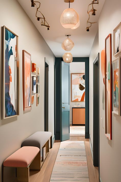 Narrow hallway ideas can turn a small space into a standout feature of your home. Learn creative ways to add storage, lighting, and decor to make your hallway both functional and visually stunning. Maximize every inch with these smart tips. Hallway Eclectic, Small Landing Ideas, Narrow Front Entryway Ideas, Art In Hallway, Small Narrow Hallway Ideas, Long Hallway Decorating Narrow, Hallway Wall Decor Ideas Narrow, Funky Hallway, Townhouse Hallway