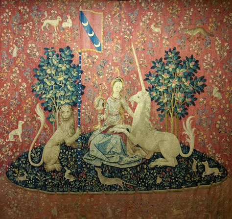 The Lady and the Unicorn: Sight (Illustration) - World History Encyclopedia Wall Hanging Aesthetic, The Lady And The Unicorn, Christian Devotional Books, Lady And The Unicorn, Unicorn Tapestries, Classic Wall Decor, Medieval Tapestry, Art Tapestry, Christian Devotions