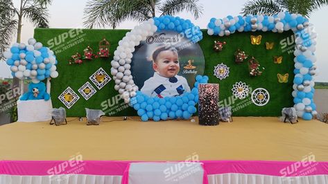 1st Birthday Party Stage Decorations, First Birthday Stage Decorations, Birthday Stage Decoration Ideas, Moon Birthday Decorations, Baby Boy Birthday Decoration, First Birthday Decorations Boy, Bday Decoration, Ballon Decoration, Birthday Decors