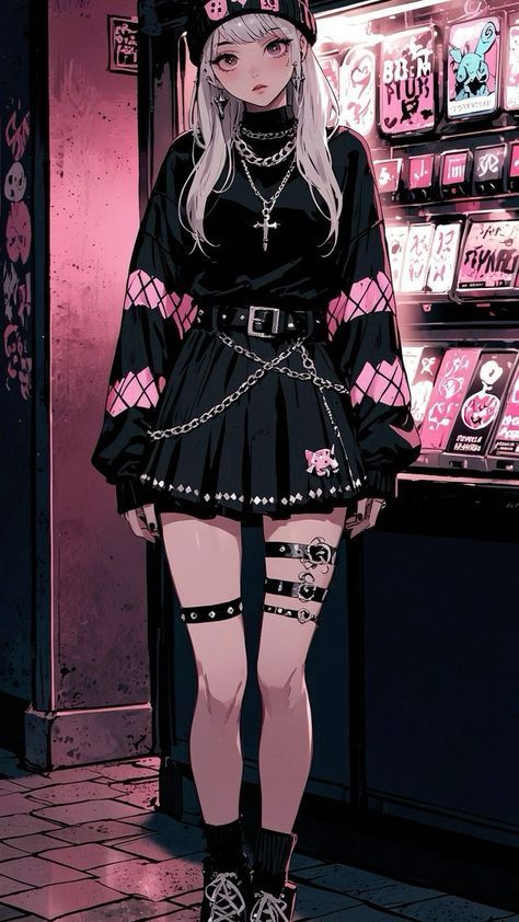 Emo Anime Girlies, Grunge Rave Outfits, Girly Goth Outfits, Vtuber Hair, Anime Goth Outfits, Kawaii Goth Outfits, Girly Emo, Girly Goth, Ali Wong