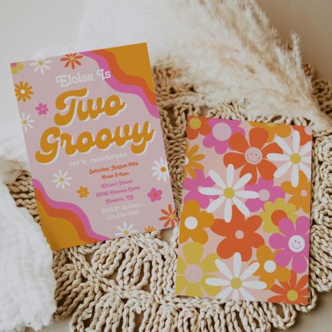 Two Groovy Birthday Invitation | Groovy Birthday - Birthday Invitation Groovy Invitations, Two Groovy Party, Groovy Birthday Invitation, Monkey Invitations, Two Groovy Birthday, Daisy Invitations, 98th Birthday, Retro Invitation, Two Groovy