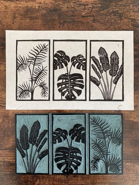 Print Lino, Linoleum Print, Linocut Printmaking, Lino Art, Linocut Art, Handmade Stamps, Printmaking Art, Tropical Leaf Print, Art Tropical