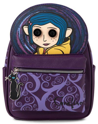 Show off your favorite animated film with this fun Coraline Face Mini Backpack! This small backpack has plenty of room for your daily essentials, and is perfect for travel day or night. Officially licensed Exclusively at Spencer Adjustable straps Strap Length: 36" 1 Main pocket 1 Front pocket 2 Side pockets Zipper closure Fully lined Dimensions: 10.8" H x 8.6" W x 4.3" D Material: Polyurethane, polyester Care: Spot clean Imported Coraline Backpack, Coraline Loungefly, Coraline Face, Coraline Stuff, Coraline Pfp, Coraline Button Eyes, Coraline Button, Lovecore Fashion, Coraline Art