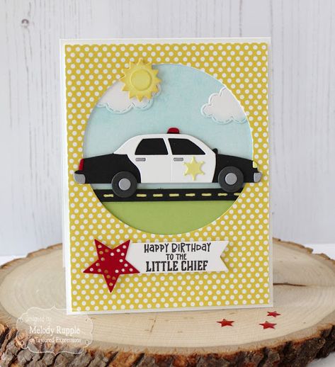 Taylored Expressions May Sneak Peeks Day 2 - Hip, Hip, Hooray! Police Cruiser, Two Birthday, Car Card, Salt Water Taffy, Hip Hip Hooray, Sun And Clouds, Taylored Expressions, Cricut Cards, Birthday Cards For Men