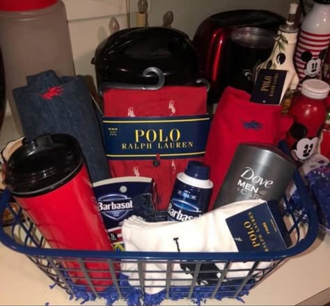 Polo Gift Basket For Him, Red And Black Gift Basket Ideas For Him, Red Basket Gift Ideas For Boyfriend, Gift Basket Ideas For Men Boyfriends, Blue Gift Basket, Boyfriends Birthday Ideas, Fathers Day Gift Basket, Gift Baskets For Him, Diy Best Friend Gifts