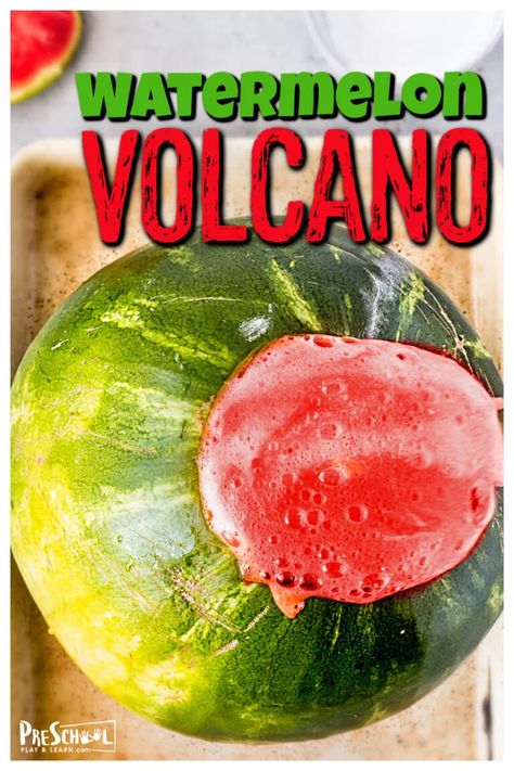 Looking for fun things to do with watermelon for your upcoming watermelon theme or National Watermelon Day on August 3rd? Kids will go nuts over this watermelon volcano project! This watermelon experiment allows kids to witness the chemical reaction when baking soda and vinegar mix . This summer activity for kids is such a fun and easy volcano experiment perfect for toddler, preschool, pre-k, kindergarten, first grade, and 2nd graders to try. The Watermelon Seed, Exploding Watermelon, Dancing Raisins Experiment, Watermelon Slime, Pop Rocks Experiment, Watermelon Activities, Watermelon Printable, Easy Science Experiments For Kids, Summer Activity For Kids