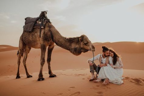 We can't get over this camel-couple photo shoot at this Sahara elopement | Image by Radu Benjamin Photography Desert Photoshoot Ideas, Dubai Photoshoot, Desert Photoshoot, Couple Shoots, Marrakech Travel, Travel Pose, Morocco Tours, Desert Photography, Funny Wedding Photos