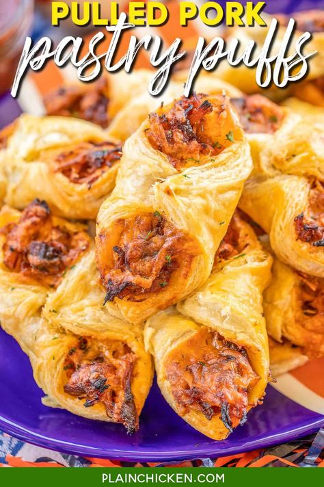 Pulled Pork Pastry Puffs - only 4 ingredients! Great recipe for a quick lunch, dinner or party. Smoky pulled pork tossed with BBQ sauce and cheese then baked in puff pastry. SO good! Can make ahead and freeze for later. We love to serve these with some coleslaw and extra BBQ sauce or Ranch for dipping. YUM! #pulledpork #partyfood #appetizer #tailgating Football Friday, Best Party Appetizers, Plain Chicken, Pulled Pork Recipes, Tailgate Food, Puff Pastry Recipes, Football Food, Party Recipes, Pork Dishes