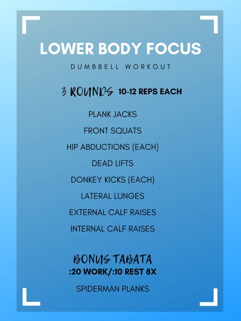 Lower Body Dumbbell Strength Workout -- exercise breakdowns and video included! Lower Body Tabata Workouts, Lower Body Weight Training, Cardio Finisher, Lower Body Dumbbell Workout, Tabata Cardio, Bootcamp Ideas, Dumbbell Workout At Home, Tabata Training, Lower Body Strength