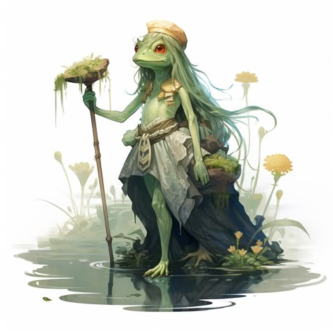 Concept Character Design. DND, character. Frog People Dnd, Grippli Character Concept, Grippli Pathfinder, Frog People Art, Dnd Frog Character, Garden Character Design, Grung Dnd Character Art, Bullywug Dnd, Dnd Frog