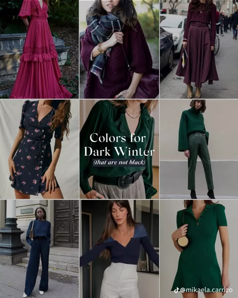 Deep Winter Deep Autumn, Winter Color Analysis Outfits, Dark Winter Jewelry, Dark Winter Color Palette Clothes, Deep Winter Color Palette Outfits Style, Dark Winter Outfits For Summer, Dark Winter Clothes, Deep Winter Outfits Inspiration, Dark Winter Outfits Color Palettes