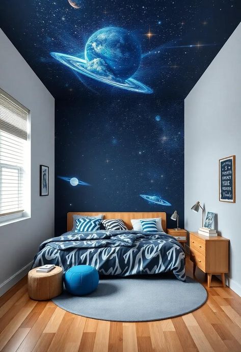 Transform a teen boy’s room into a cosmic haven with galaxy-themed decor, glowing constellations, and sleek, futuristic accents. A space where dreams take flight among the stars. Themed Decor, Teen Boy, Constellations, Flight, Sleek, Stars