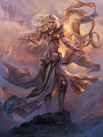 'Serra the Benevolent' print by Magali Villeneuve Female Priest, Floating Temple, Magali Villeneuve, Armor Female, Medium Armor, Mountain Clouds, Akali League Of Legends, Mtg Art, Key Art