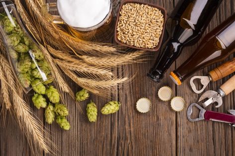 Top view beer with fresh ingredients Free Photo | Free Photo #Freepik #photo #freebackground #freewood #freebeer #freetable Beer Ingredients, Beer Brewing Equipment, Black Beer, Beer Photography, Dark Beer, Sports Food, Free Beer, Brewing Process, Brewing Equipment