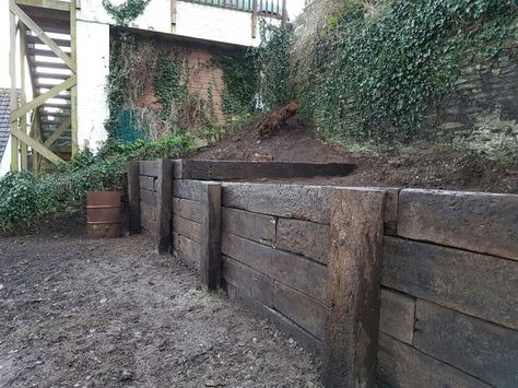 Image result for uk railway sleepers as decking Garden Sleeper Ideas, Sleepers Garden Ideas, Sleepers Garden, Railway Sleepers Garden, Back Garden Landscaping, Sleeper Wall, Sleeper Retaining Wall, Sleepers In Garden, Wood Retaining Wall