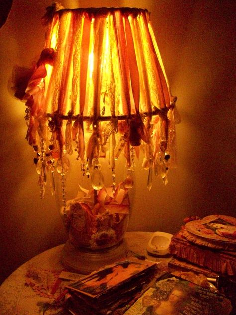 HomeMade Lamp & Rag Shade..my Bedside Table.. Lamp Shades With Beads, Cool Lamp Shades Diy, Lamp Shade Hat, Diy Bed Lamp Ideas, Scarf Over Lamp, Homemade Lamp Shades, Lamp Shade Diy, Homemade Sensory, Ive Changed