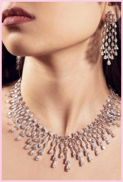 [Ad] Whether Worn As A Token Of Love, A Statement Of Style, Or An Heirloom To Be Cherished For Generations, A Diamond Necklace Is A Dazzling Masterpiece That Will Forever Stand The Test Of Time. #bridalstatementnecklace Diamond Neckalce, American Diamond Necklace Set, Bridal Statement Necklace, Beautiful Jewelry Diamonds, Bridal Diamond Necklace, Neck Pieces Jewelry, Diamond Jewelry Set, Fancy Jewelry Necklace, Diamond Earrings Design