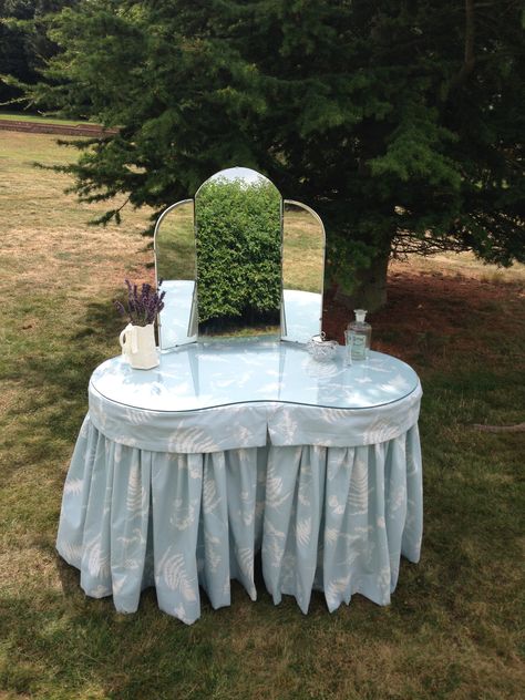 Vintage kidney shaped dressing table, covered in Duck egg blue fabric by Clarke & Clarke Kidney Shaped Dressing Table, Dressing Table Cover, Dressing Table Inspiration, Skirted Vanity, 1920s Bedroom, Dollhouse Vanity, Bedroom Alcove, Shabby Chic Vanity, Vanity Tables