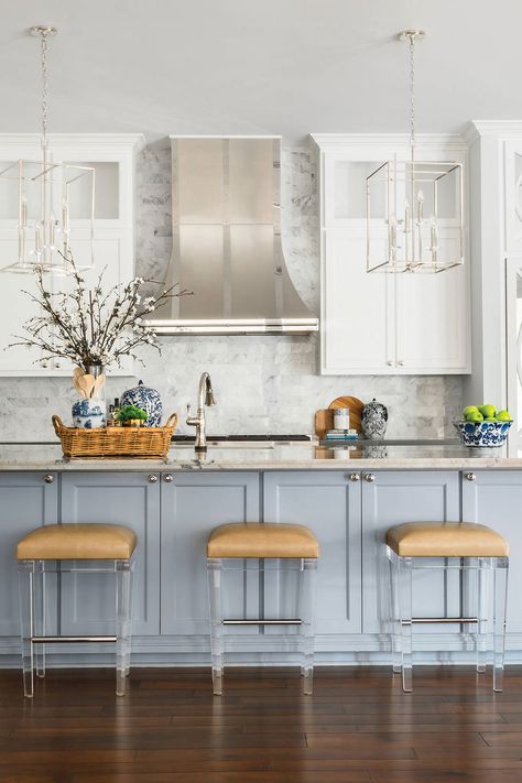 Blue And White Kitchen Ideas, Blue And White Kitchen, White Kitchen Ideas, Blue Kitchen Island, Light Blue Kitchens, Interior Design Career, Blue Kitchen Cabinets, Grey Countertops, Furniture Office