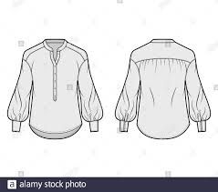 Gathered blouse technical fashion illustration with curved mandarin collar, henley neck, long bishop sleeves with cuff. Flat apparel shirt template front back, grey color. Women, men, unisex top CAD Stock Vector Image Sleeve Technical Drawing, Technical Drawing Shirt Men, Men Shirt Technical Drawing, Bishop Sleeve Flat Sketch, Blouse Technical Drawing, Shirt Flat Sketch Front And Back, Long Shirt Outfits, Collar Shirts Women, Flat Drawings