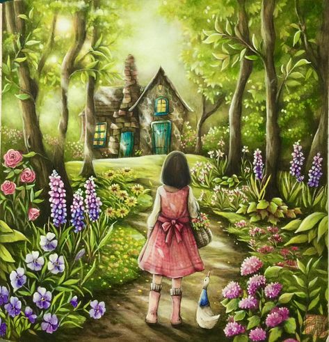 Eriy Romantic Country The Second Tale, Thomas Kinkade Disney Coloring Book, Romantic Country Coloring Book Chapter 1, Countryside Coloring Pages, Romantic Country Coloring Book, Creative Haven Coloring Books, Water Drawing, Romantic Country, Book Girl