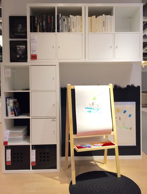 KALLAX combination with high storage for mom and dad and low storage for their young painting talent. Look for the great detail in #wallfinish. #JanineJacobs Kallax Combinations, Low Storage, High Storage, Ikea Ideas, Storage Kids Room, Diy Ikea Hacks, Interior Design Work, Kallax Ikea, Wall Finishes