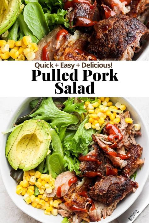 Pulled Pork Salad - such a great recipe if you have leftover pulled pork! Easy to make and great for meal prep for the week! #pulledporksalad #pulledporksaladrecipe #leftoverpulledporkrecipe #pulledpork #smokedporkshouldersalad Healthy Pulled Pork Leftover Recipes, Pull Pork Bowl, Pork Shoulder Healthy Recipes, Smoked Pork Salad, Bbq Pulled Pork Salad, Pulled Pork Salad Bowl, Sides For Pork Shoulder, Salad With Pulled Pork, Pork Chop Salad Recipes