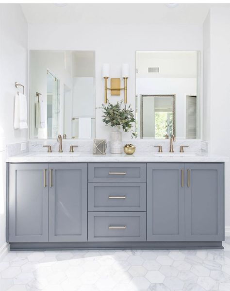 Blue Vanity Grey Floor, Modern Light Blue Bathroom, Blue Grey Bathroom Ideas, Blue Bathroom Cabinets Silver Hardware, Blue Vanity Silver Hardware, Master Bath Remodel Navy Vanity, Becki Owens Bathroom, Blue Bathroom Cabinets, Kids Washroom