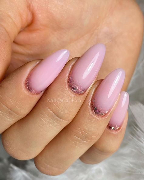 Milky Pink Bridal Nails, Milky Pink Sparkly Nails, Milky Base Nails Design, Milky Rose Nails Almond, Milky Pink Wedding Nails, Milky Rose Nails, Rose Nail Design, Milky Nails, Rose Nails