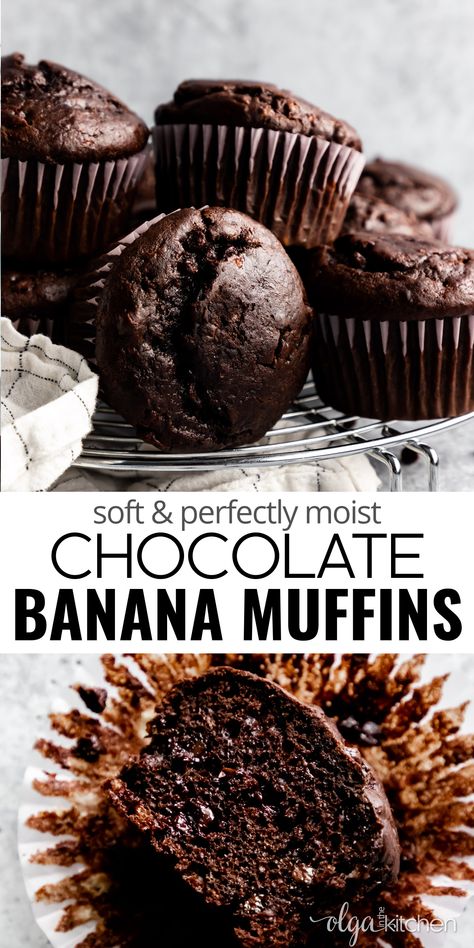 Learn how to make bakery style chocolate banana muffins with simple everyday ingredients! This easy banana chocolate chip muffin recipe will impress everyone with those big domed muffin tops loaded with chocolate chips! #bananamuffins #muffins #chocolatemuffins #chocolatebananamuffins #dessert #breakfast #olgainthekitchen Easy Banana Chocolate Chip Muffins, Double Chocolate Banana Muffins, Chocolate Banana Muffins Recipe, Banana Muffins Recipe, Resep Brownies, Double Chocolate Muffins, Dessert Breakfast, Muffin Tops, Chocolate Banana Muffins