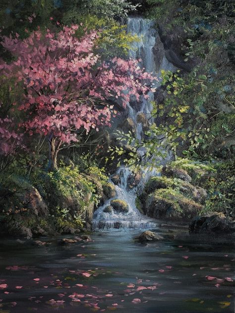 This week I painted a waterfall contrasted with a pink tree. I enjoyed painting the different layers and adding stunning detail with the Detail Round brush. I hope you enjoy it! Tree Waterfall, Detailed Landscape, Large Waterfall, Painting Abstract Landscape, Waterfall Paintings, Hyper Realistic Paintings, Flowering Tree, Waterfall Landscape, River Painting