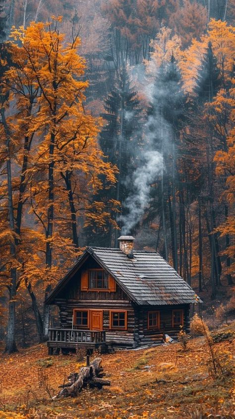 Cabin In The Forest, Little Cabin In The Woods, Cabin Aesthetic, Wooden Cabin, Stone Chimney, Nature Camping, Fire Inside, Autumn Magic, Scenery Pictures