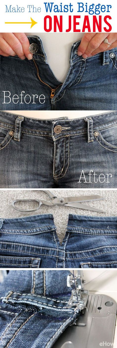 Shhhh! We won't tell anyone and no one will be able to tell! A quick fix to make tighter jeans a little more comfortable in the waist. This quick sewing trick is easy to learn! http://www.ehow.com/how_4924641_make-jeans-waist-bigger.html?utm_source=pinterest.com&utm_medium=referral&utm_content=freestyle&utm_campaign=fanpage Diy Sy, Sewing Alterations, Sew Ins, Diy Vetement, Beginner Sewing Projects Easy, Jeans Diy, Sewing Projects For Beginners, Diy Couture, Clothing Hacks