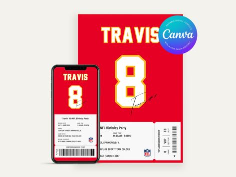 Editable Kansas City Chiefs Birthday Invitation | Canva Digital Template | Printable Party Invite | Children’s Birthday | NFL American Theme Kansas City Chiefs Birthday, Print Invitation, American Theme, Party Invitations Printable, Kc Chiefs, Card Files, Printable Party, Birthday Party Games, Birthday Invitations Kids