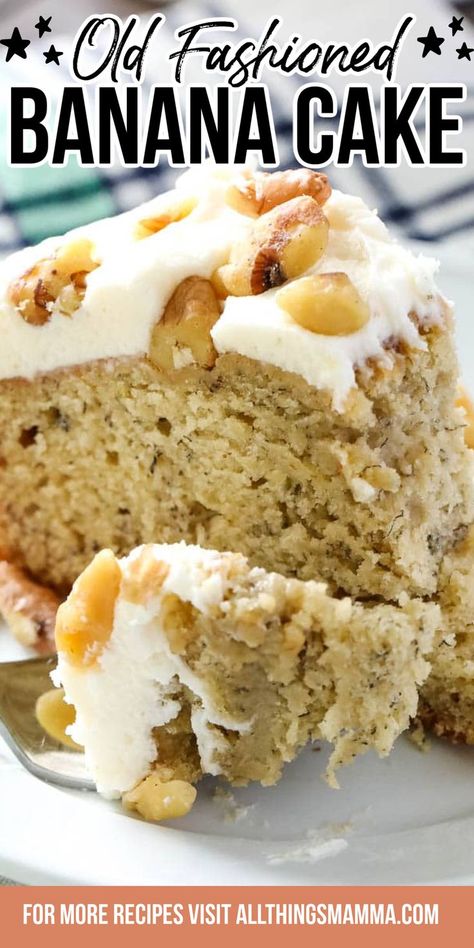 Banana Cake on a plate Old Fashion Banana Cake, How To Use Old Bananas, Homemade Banana Cake Recipe, Banana Bread Moist, Easy Cream Cheese Frosting, Old Bananas, Banana Nut Cake, Cowboy Cookie, Moist Banana Cake