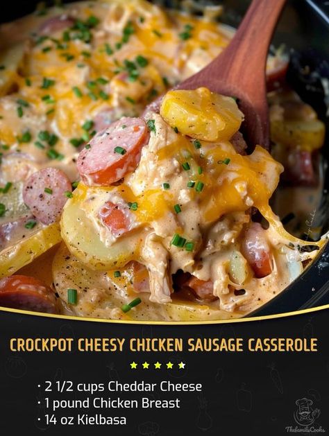 Easy and tasty recipes | Crockpot Cheesy Chicken Sausage Casserole | Facebook Crockpot Cheesy Chicken, Crockpot Sausage And Potatoes, Sausage Crockpot Recipes, Cheesy Potatoes Crock Pot, Crockpot Sausage, Whip Frosting, Red Potato Recipes, Sausage Crockpot, Kids Dinner