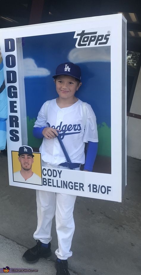 Dodger Costume Halloween, Boys Sports Halloween Costumes, Family Baseball Costumes, Football Card Halloween Costume, Baseball Card Costume Diy, Football Costume For Boys, Football Card Costume, Baseball Family Halloween Costumes, Baseball Card Crafts