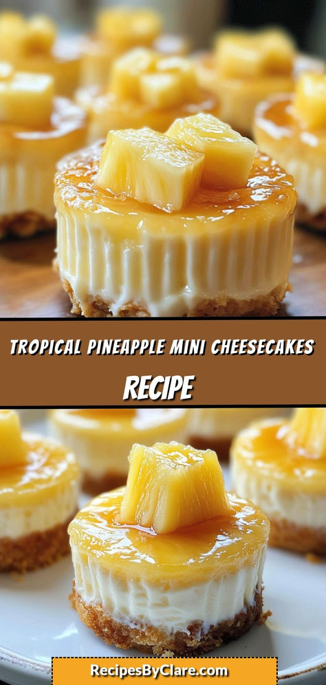 Indulge in these Mini Pineapple Cheesecakes, filled with crushed pineapple and topped with a sweet caramel drizzle. With a graham cracker crust and creamy filling, they’re the ultimate tropical dessert!  Ingredients:  16 oz cream cheese 1/4 cup melted butter Pineapple chunks for topping Chill for a few hours, and serve these mini cheesecakes as the perfect bite-sized tropical dessert! Pineapple Topping For Cheesecake, Mini Pineapple Cheesecake, Easy Mini Cheesecake Recipe, Pineapple Cheesecake, Mini Cheesecakes Easy, Tropical Desserts, Mini Cheesecake Recipes, Cheesecake Toppings, Pineapple Chunks